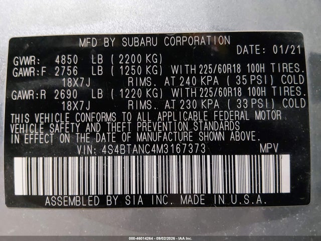 46014264 :رقم المزاد ، 4S4BTANC4M3167373 vin ، 2021 Subaru Outback Limited مزاد بيع
