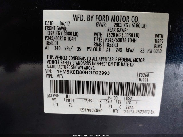 Продаж на аукціоні авто 2017 Ford Explorer, vin: 1FM5K8B80HGD22993, номер лоту: 46014266