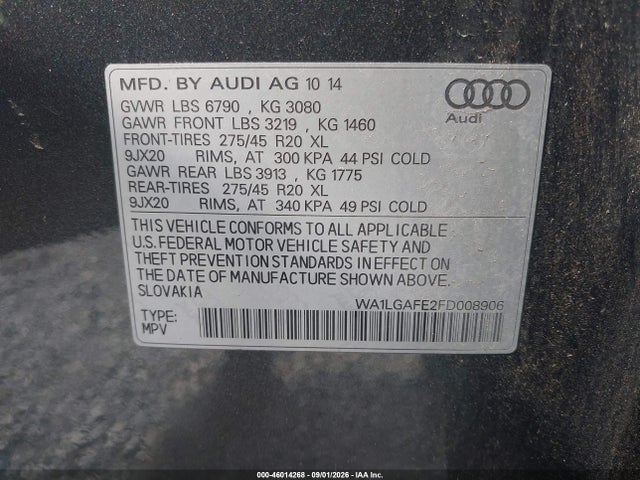 2015 Audi Q7 3.0t Premium მანქანა იყიდება აუქციონზე, vin: WA1LGAFE2FD008906, აუქციონის ნომერი: 46014268