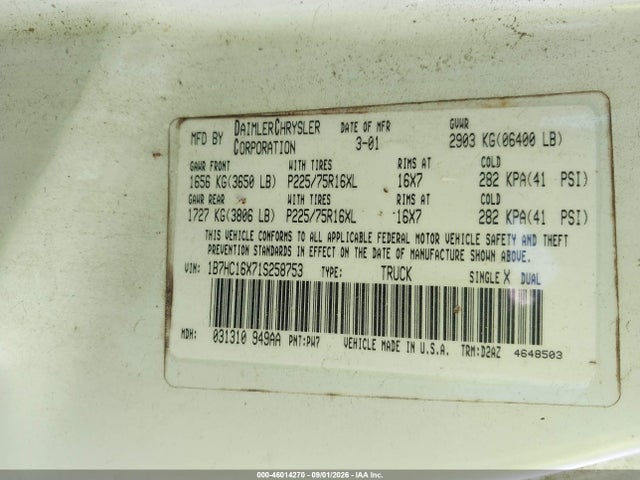 Продажа на аукционе авто 2001 Dodge Ram 1500 St/ws, vin: 1B7HC16X71S258753, номер лота: 46014270