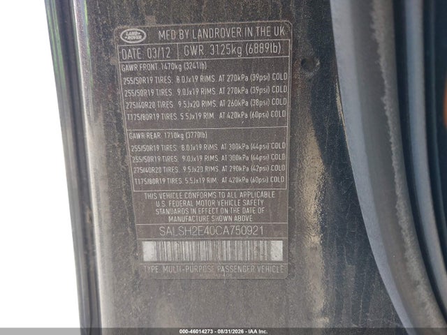 46014273 :رقم المزاد ، SALSH2E40CA750921 vin ، 2012 Land Rover Range Rover Sport Supercharged مزاد بيع