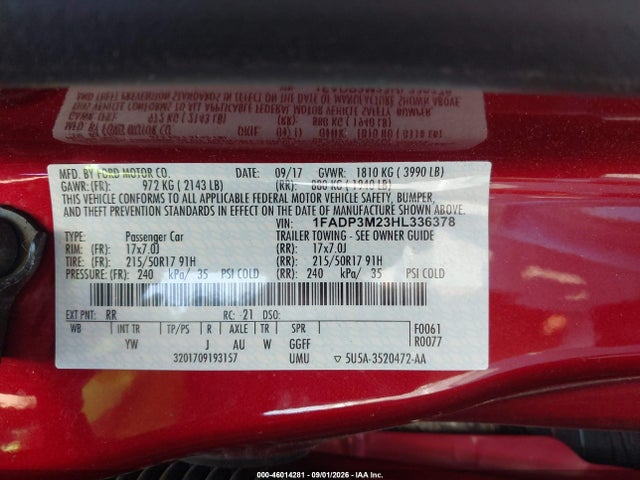 Aukcja sprzedaży 2017 Ford Focus Sel, vin: 1FADP3M23HL336378, numer aukcji: 46014281