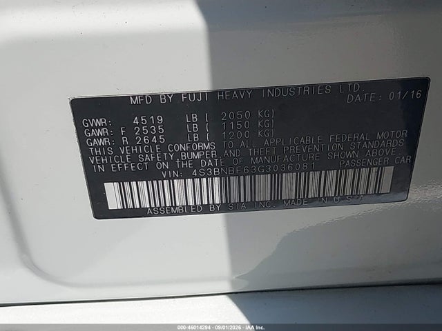 46014294 :رقم المزاد ، 4S3BNBF63G3036081 vin ، 2016 Subaru Legacy 2.5i Premium مزاد بيع