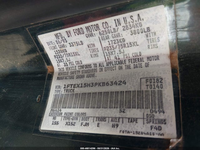 Продажа на аукционе авто 1993 Ford F150, vin: 1FTEX15H3PKB63424, номер лота: 46014296
