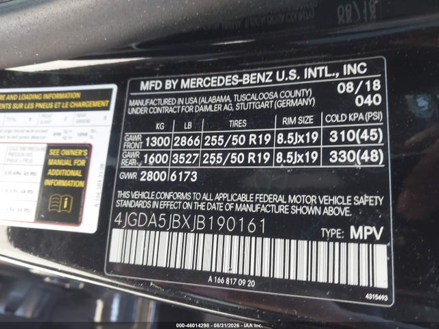 46014298 :رقم المزاد ، 4JGDA5JBXJB190161 vin ، 2018 Mercedes-benz Gle 350 مزاد بيع