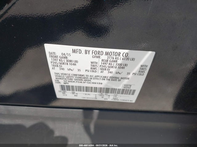 Продажа на аукционе авто 2015 Ford Explorer Xlt, vin: 1FM5K7D83FGC69159, номер лота: 46014304