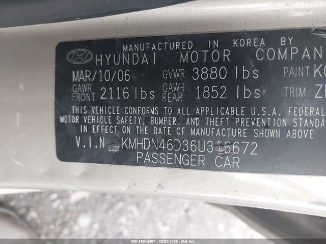 Продаж на аукціоні авто 2006 Hyundai Elantra Gls/limited, vin: KMHDN46D36U316672, номер лоту: 46014307
