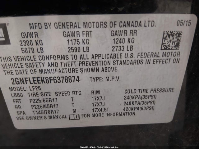 46014308 :رقم المزاد ، 2GNFLEEK8F6378874 vin ، 2015 Chevrolet Equinox Ls مزاد بيع