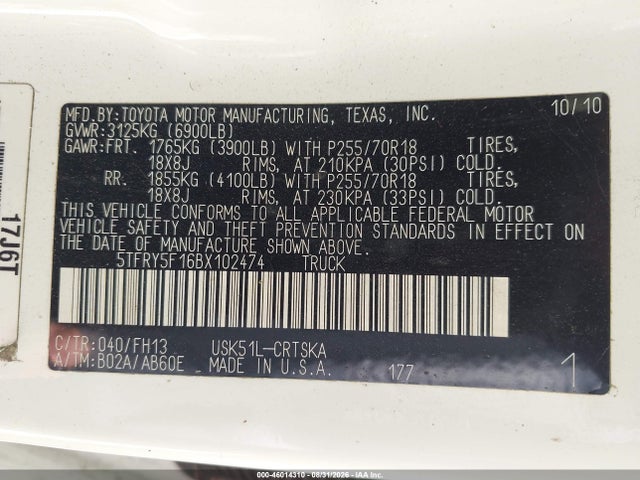 46014310 :رقم المزاد ، 5TFRY5F16BX102474 vin ، 2011 Toyota Tundra Grade 5.7l V8 مزاد بيع