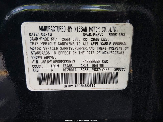 2011 Infiniti M37 მანქანა იყიდება აუქციონზე, vin: JN1BY1AP0BM322512, აუქციონის ნომერი: 46014315