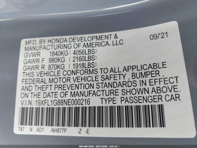 19XFL1G88NE000216 Honda Civic Sport Touring
