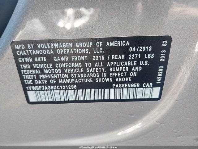 2013 Volkswagen Passat 2.5l Se მანქანა იყიდება აუქციონზე, vin: 1VWBP7A38DC121236, აუქციონის ნომერი: 46014327