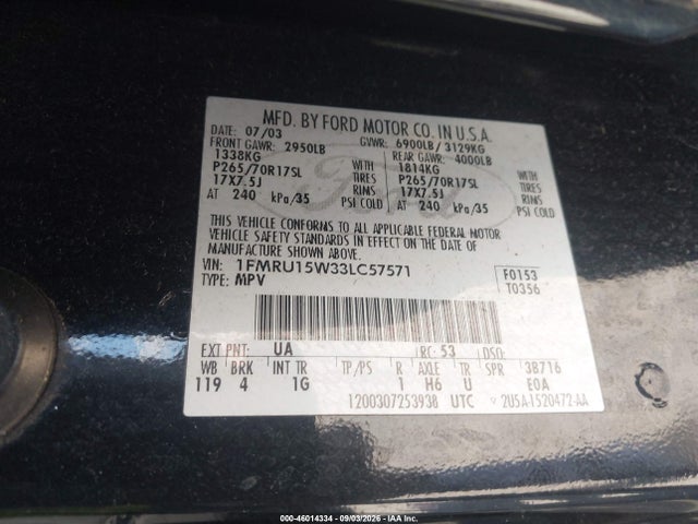 46014334 :رقم المزاد ، 1FMRU15W33LC57571 vin ، 2003 Ford Expedition Xlt مزاد بيع