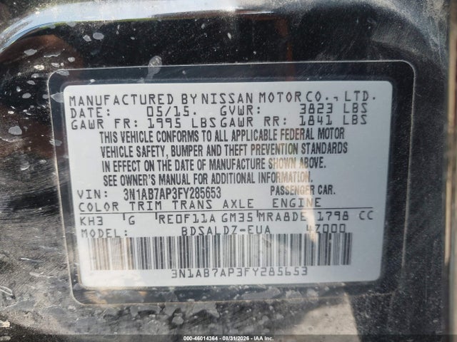 Продажа на аукционе авто 2015 Nissan Sentra Sv, vin: 3N1AB7AP3FY285653, номер лота: 46014364