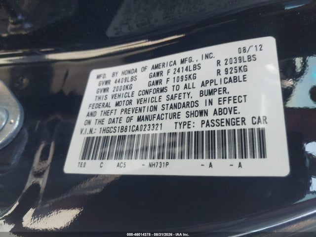 Aukcja sprzedaży 2012 Honda Accord 2.4 Ex-l, vin: 1HGCS1B81CA023321, numer aukcji: 46014378