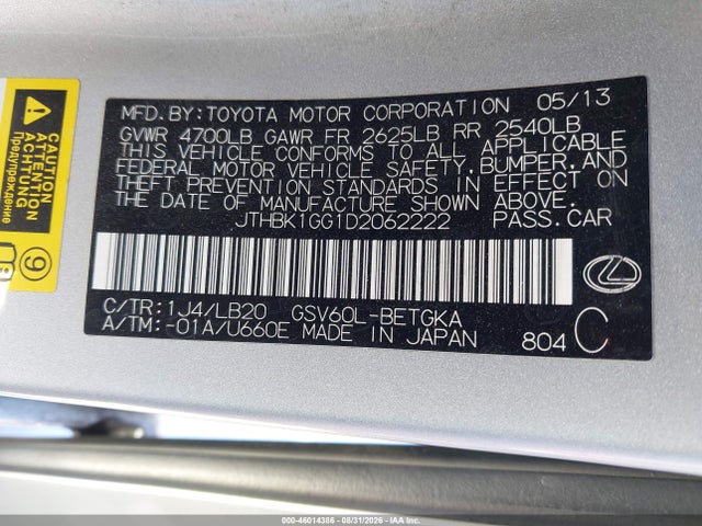 46014386 :رقم المزاد ، JTHBK1GG1D2062222 vin ، 2013 Lexus Es 350 مزاد بيع