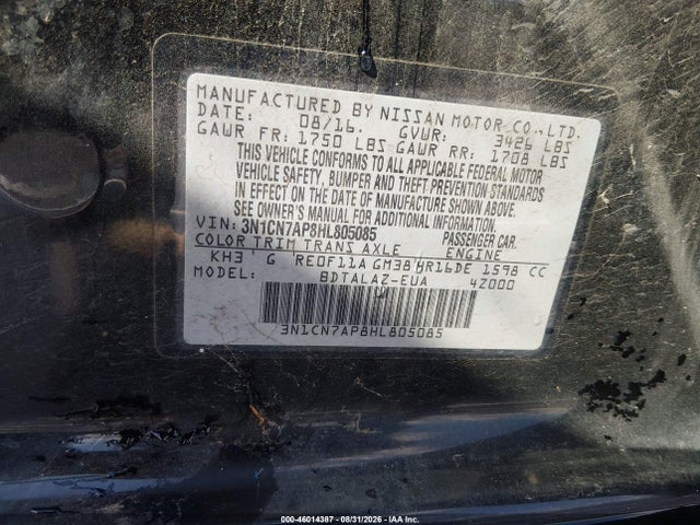Продаж на аукціоні авто 2017 Nissan Versa 1.6 S+, vin: 3N1CN7AP8HL805085, номер лоту: 46014387