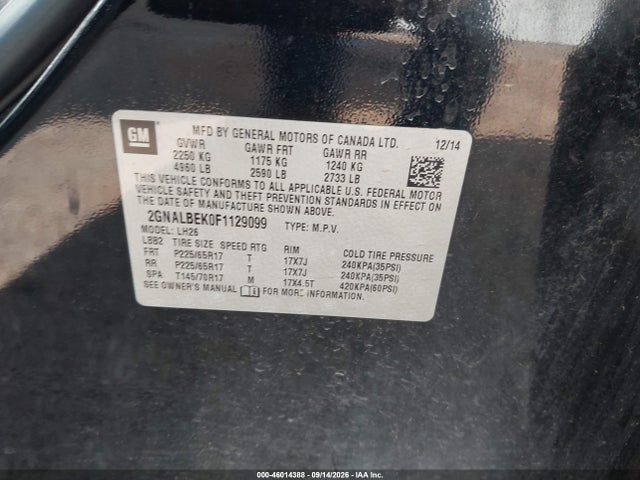 46014388 :رقم المزاد ، 2GNALBEK0F1129099 vin ، 2015 Chevrolet Equinox 1lt مزاد بيع