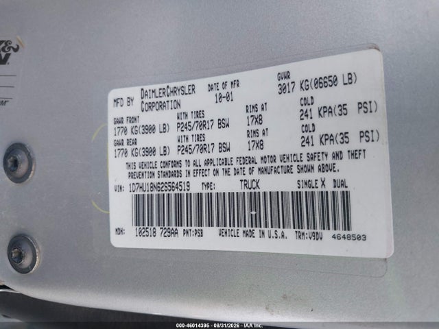 Aukcja sprzedaży 2002 Dodge Ram 1500 St, vin: 1D7HU18N62S564519, numer aukcji: 46014395