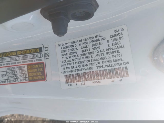 Продаж на аукціоні авто 2015 Honda Civic Ex, vin: 2HGFG3B81FH529456, номер лоту: 46014401
