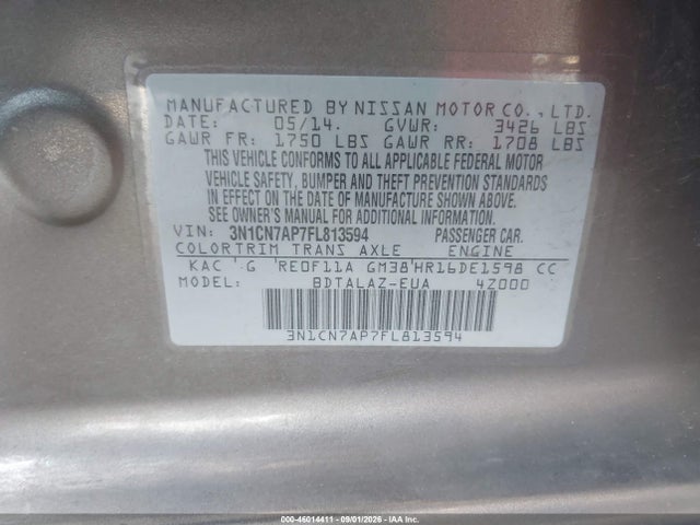 Aukcja sprzedaży 2015 Nissan Versa 1.6 S+, vin: 3N1CN7AP7FL813594, numer aukcji: 46014411