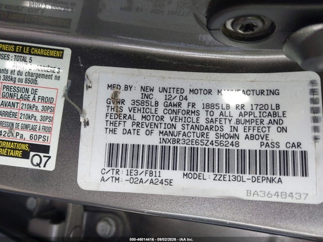 46014416 :رقم المزاد ، 1NXBR32E65Z456248 vin ، 2005 Toyota Corolla Le مزاد بيع