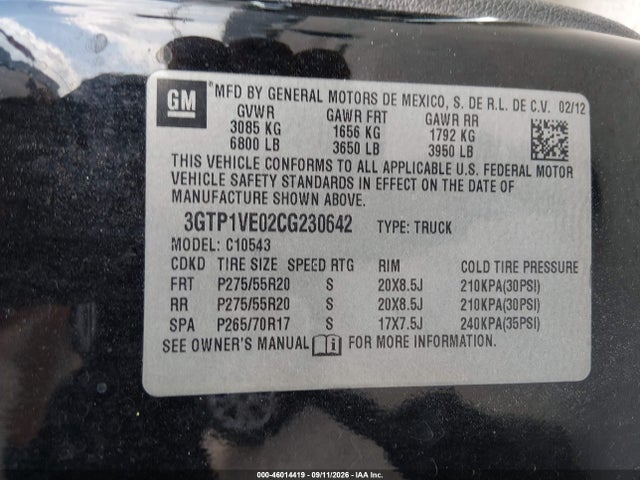 Aukcja sprzedaży 2012 Gmc Sierra 1500 Sle, vin: 3GTP1VE02CG230642, numer aukcji: 46014419