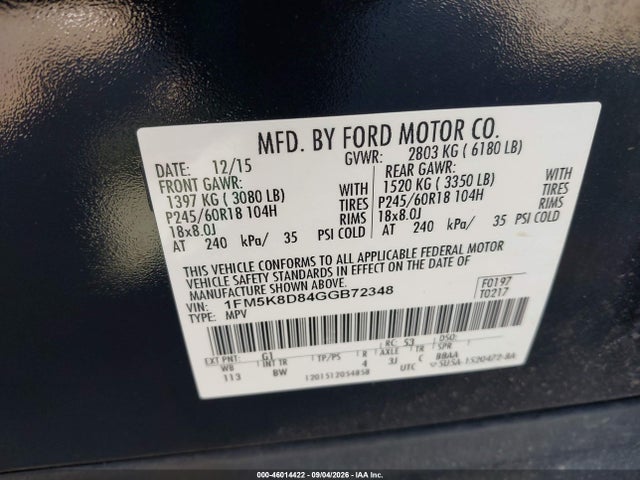 2016 Ford Explorer Xlt მანქანა იყიდება აუქციონზე, vin: 1FM5K8D84GGB72348, აუქციონის ნომერი: 46014422