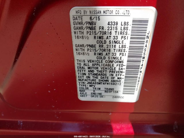 46014423 :رقم المزاد ، JN8AS5MT4FW159212 vin ، 2015 Nissan Rogue Select S مزاد بيع