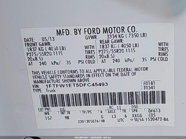 2013 Ford F-150 Platinum მანქანა იყიდება აუქციონზე, vin: 1FTFW1ET5DFC45493, აუქციონის ნომერი: 46014427