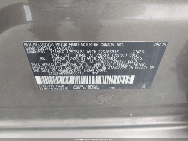 Aukcja sprzedaży 2011 Toyota Rav4, vin: 2T3ZF4DV6BW055148, numer aukcji: 46014428