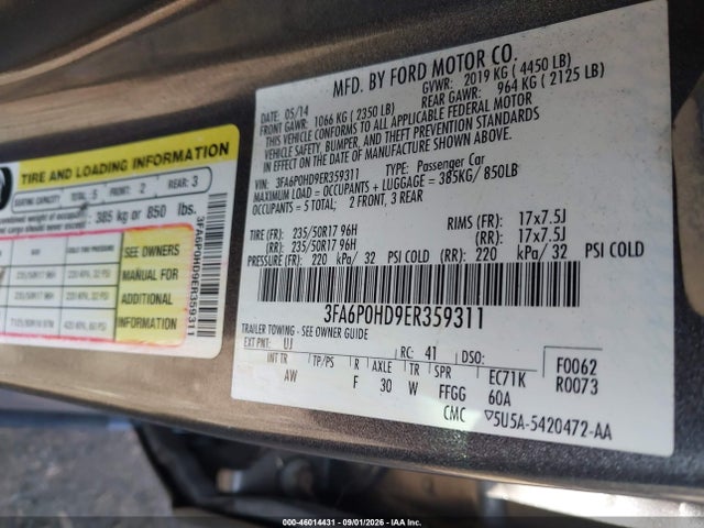 Aukcja sprzedaży 2014 Ford Fusion Se, vin: 3FA6P0HD9ER359311, numer aukcji: 46014431