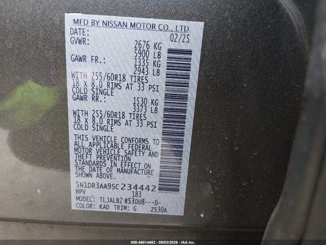 Aukcja sprzedaży 2025 Nissan Pathfinder S Fwd, vin: 5N1DR3AA9SC234442, numer aukcji: 46014463