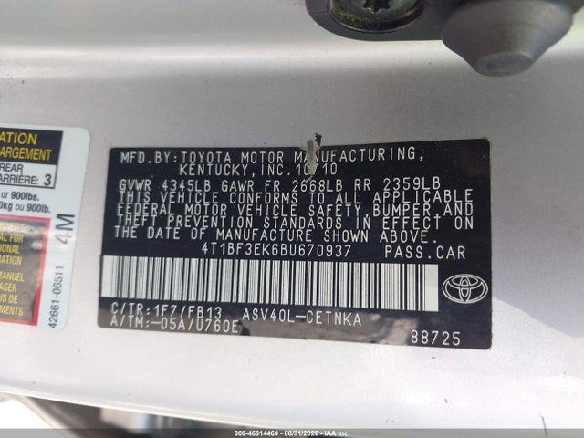 Aukcja sprzedaży 2011 Toyota Camry Le, vin: 4T1BF3EK6BU670937, numer aukcji: 46014469