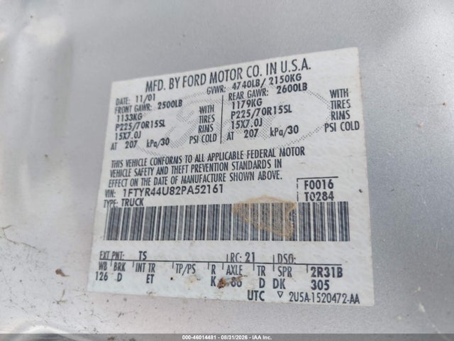 Auction sale of the 2002 Ford Ranger Edge/tremor/xlt, vin: 1FTYR44U82PA52161, lot number: 46014481