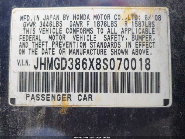 Продажа на аукционе авто 2008 Honda Fit Sport, vin: JHMGD386X8S070018, номер лота: 46014496