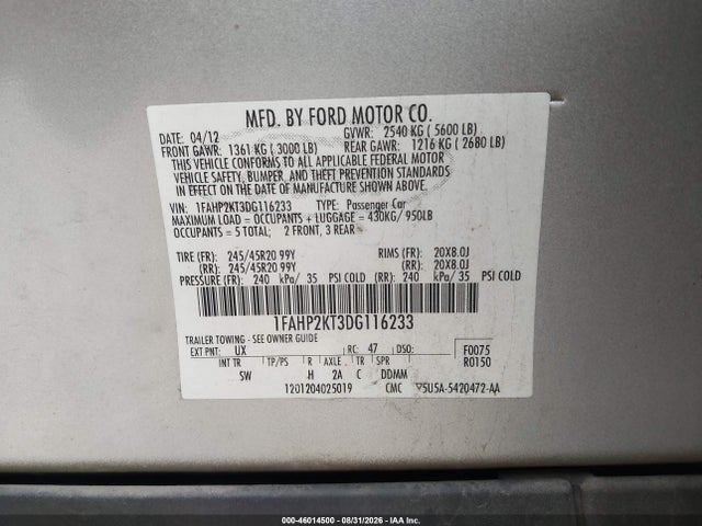 Продажа на аукционе авто 2013 Ford Taurus Sho, vin: 1FAHP2KT3DG116233, номер лота: 46014500