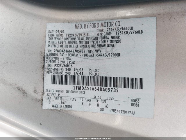 2004 Ford Freestar Se მანქანა იყიდება აუქციონზე, vin: 2FMDA51664BA05735, აუქციონის ნომერი: 46014502