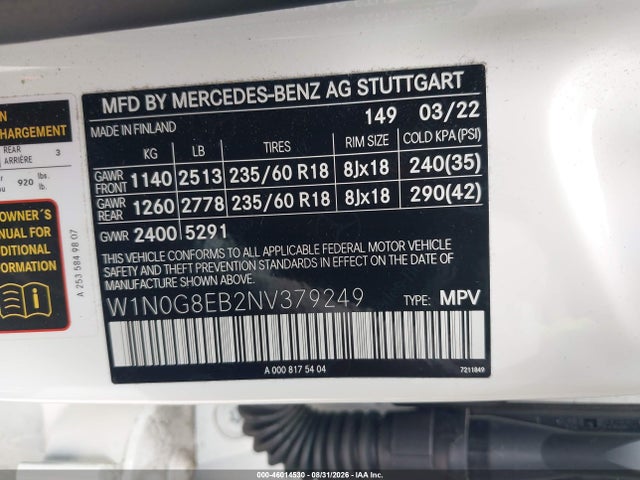 46014530 :رقم المزاد ، W1N0G8EB2NV379249 vin ، 2022 Mercedes-benz Glc 300 4matic Suv مزاد بيع