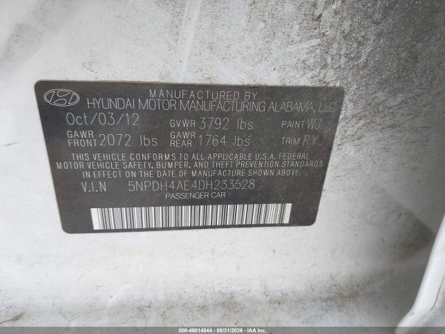Aukcja sprzedaży 2013 Hyundai Elantra Limited, vin: 5NPDH4AE4DH233528, numer aukcji: 46014544
