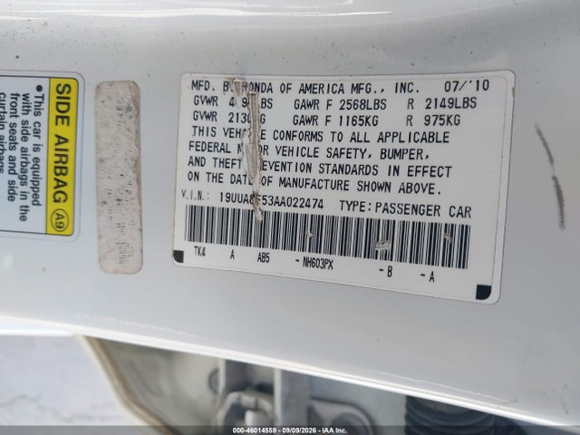 2010 Acura Tl 3.5 მანქანა იყიდება აუქციონზე, vin: 19UUA8F53AA022474, აუქციონის ნომერი: 46014559