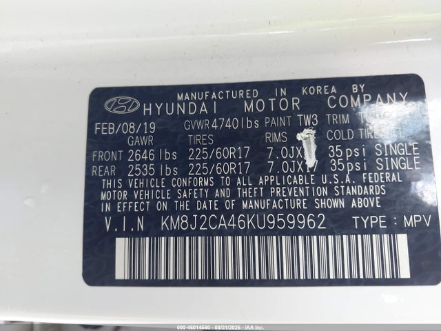 Продаж на аукціоні авто 2019 Hyundai Tucson Se, vin: KM8J2CA46KU959962, номер лоту: 46014560