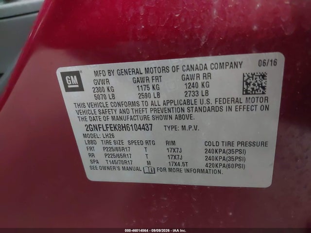46014564 :رقم المزاد ، 2GNFLFEK8H6104437 vin ، 2017 Chevrolet Equinox Lt مزاد بيع