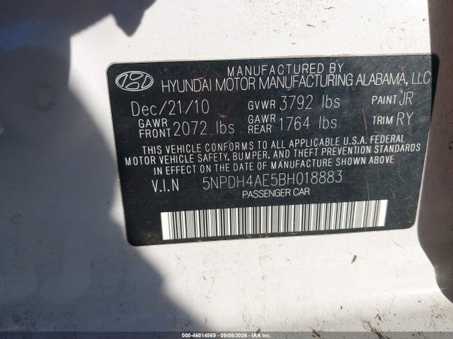 Продаж на аукціоні авто 2011 Hyundai Elantra Limited, vin: 5NPDH4AE5BH018883, номер лоту: 46014569