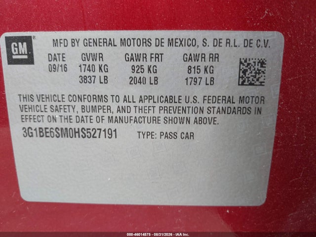 46014575 :رقم المزاد ، 3G1BE6SM0HS527191 vin ، 2017 Chevrolet Cruze Lt Auto مزاد بيع