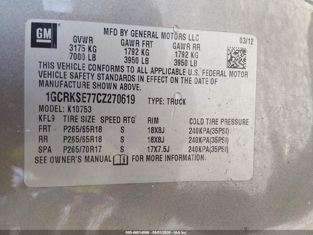 Aukcja sprzedaży 2012 Chevrolet Silverado 1500 Lt, vin: 1GCRKSE77CZ270619, numer aukcji: 46014596