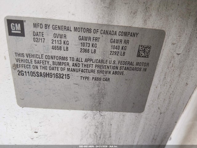 Aukcja sprzedaży 2017 Chevrolet Impala 1lt, vin: 2G1105SA9H9163215, numer aukcji: 46014606