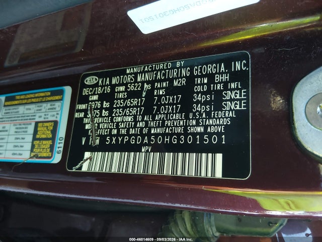 Продажа на аукционе авто 2017 Kia Sorento 3.3l Lx, vin: 5XYPGDA50HG301501, номер лота: 46014609
