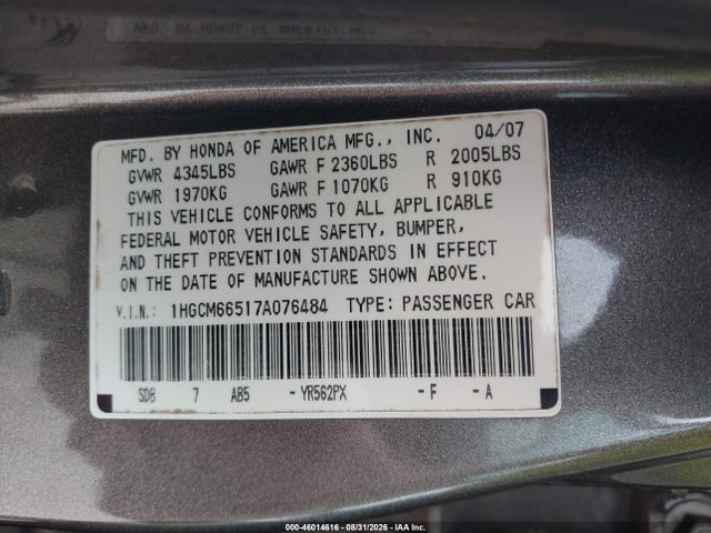 Aukcja sprzedaży 2007 Honda Accord 3.0 Ex, vin: 1HGCM66517A076484, numer aukcji: 46014616