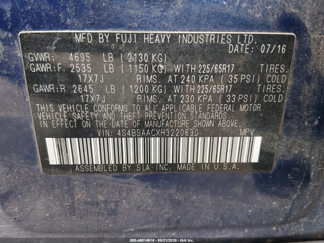 2017 Subaru Outback 2.5i მანქანა იყიდება აუქციონზე, vin: 4S4BSAACXH3220690, აუქციონის ნომერი: 46014618